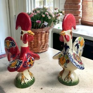 2 Talavera Roosters Colorful handmade and Painted in Mexico. 8.5" H x 5.5" W